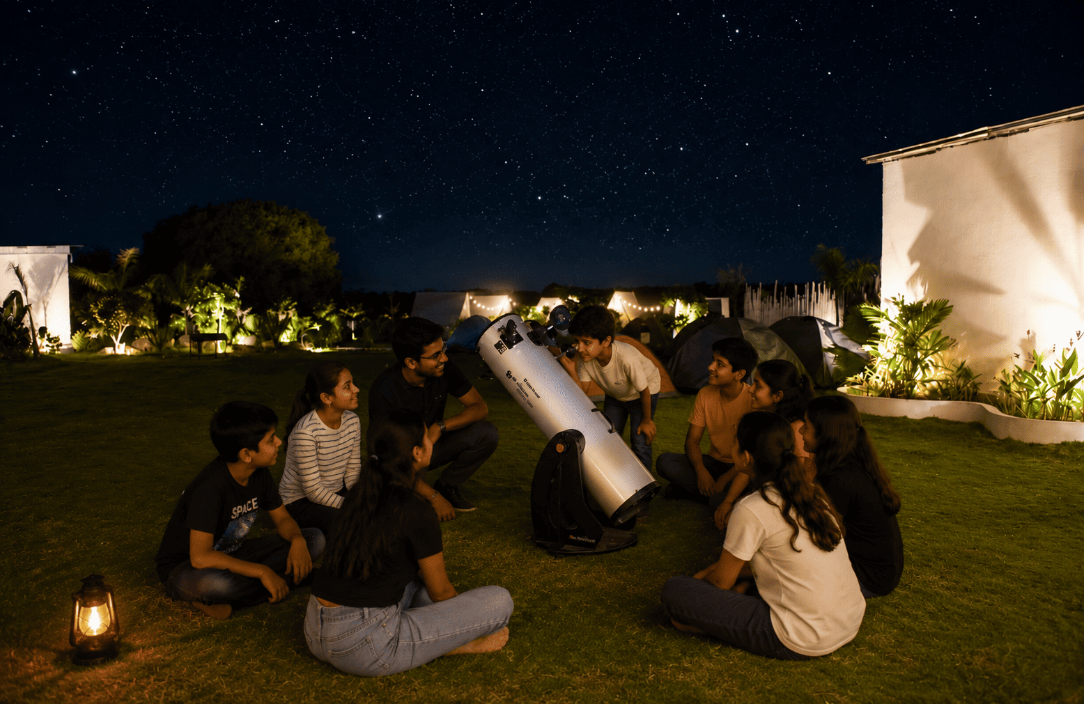 Students at astronomy school trip at Novae Glamp near Hyderabad