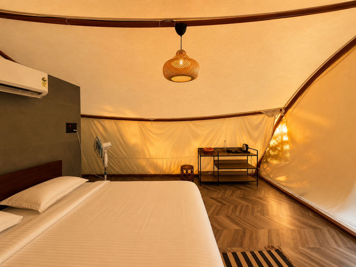 American style glamping tent exterior at Novae Glamp near Hyderabad