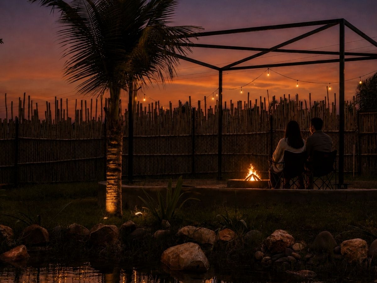 Couple enjoying romantic glamping experience at dusk at Novae Glamp near Hyderabad