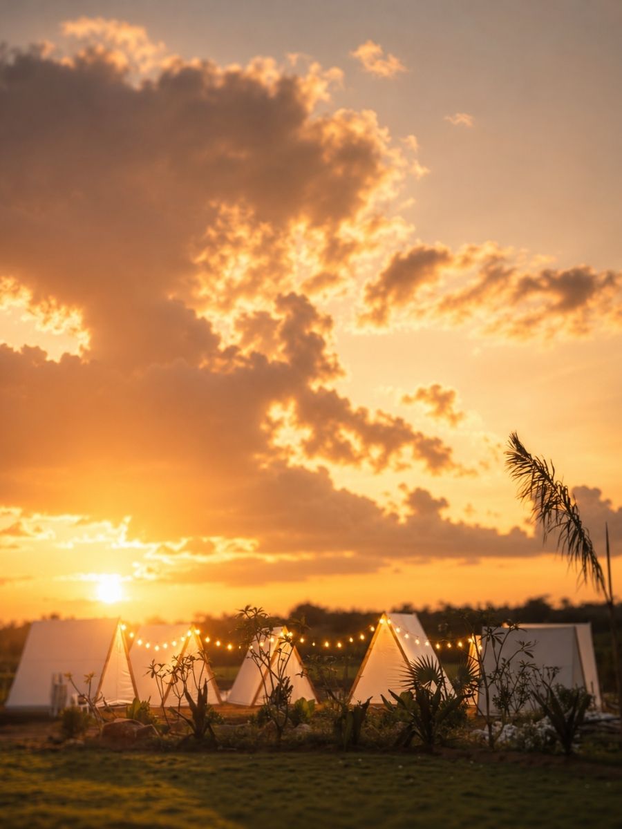 Hut style tent accommodation at Novae Glamp near Hyderabad