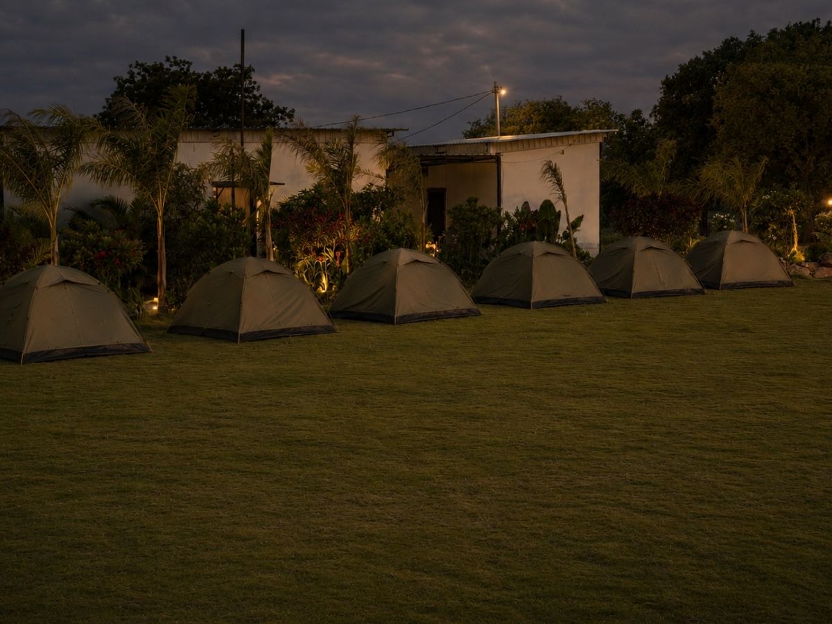 Camping tent under dark starry sky at Novae Glamp near Hyderabad