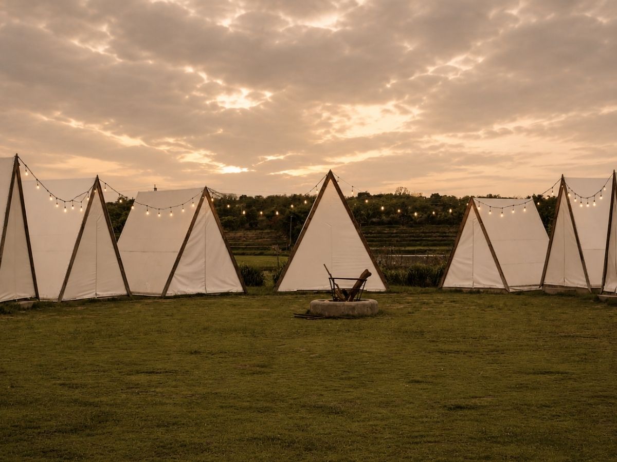 Hut style tent accommodation at Novae Glamp near Hyderabad