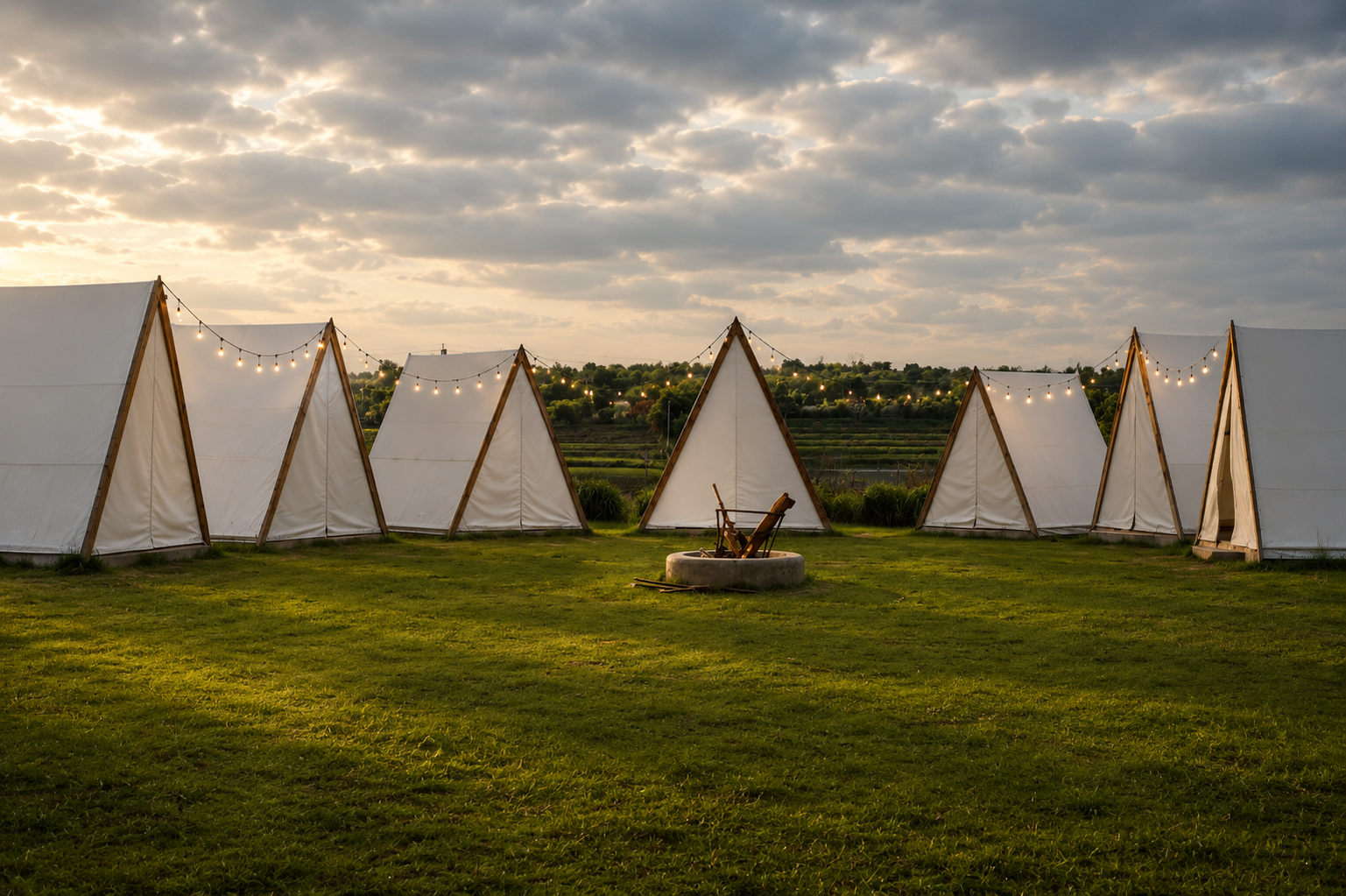 Hut style tent exterior at Novae Glamp near Hyderabad